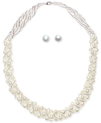 Cultured Freshwater Pearl Woven Necklace (4mm) & Stud Earrings (6mm) Set Sterling Silver