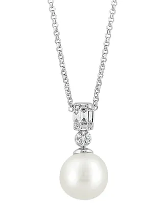 Effy Cultured Freshwater Pearl (9mm) & Diamond (1/10 ct. t.w.) 18" Pendant Necklace in 14k White Gold