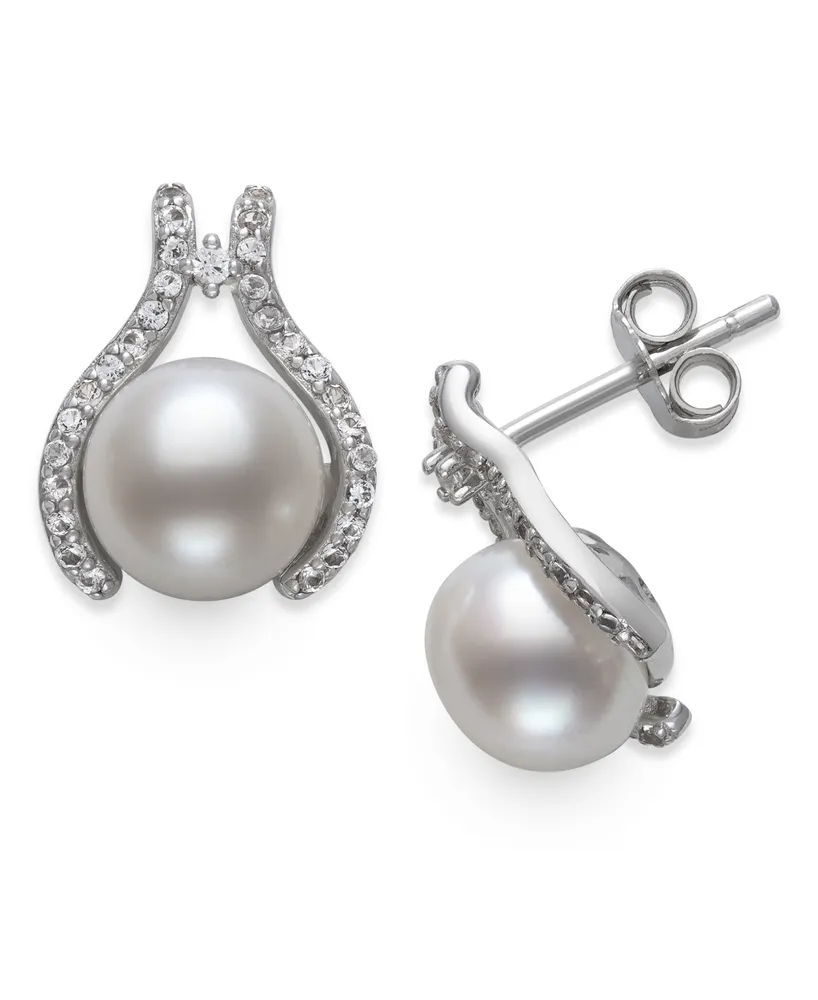Belle de Mer Cultured Freshwater Button Pearl (7mm) & Cubic Zirconia Stud Earrings in Sterling Silver, Created for Macy's