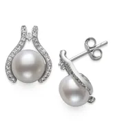 Belle de Mer Cultured Freshwater Button Pearl (7mm) & Cubic Zirconia Stud Earrings in Sterling Silver, Created for Macy's
