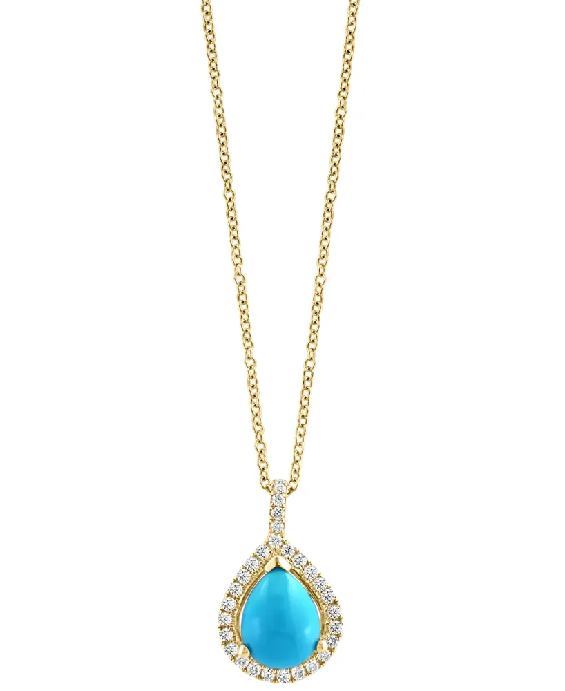 Effy Turquoise & Diamond (1/5 ct. t.w.) Teardrop Halo 18" Pendant Necklace in 14k Gold