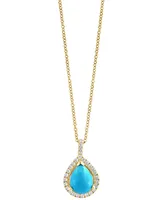 Effy Turquoise & Diamond (1/5 ct. t.w.) Teardrop Halo 18" Pendant Necklace in 14k Gold