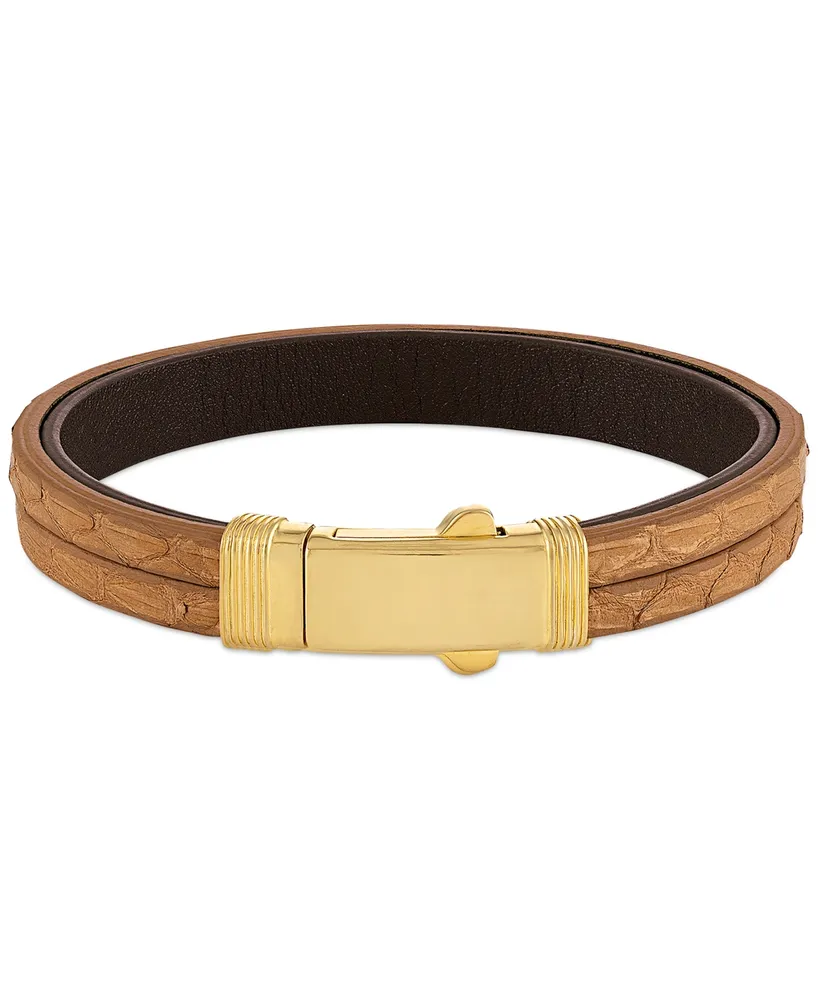 Esquire Men's Jewelry Two-Tone Triple Strap Leather Layered Bracelet in 18k Gold-Plated Sterling Silver, Created for Macy's