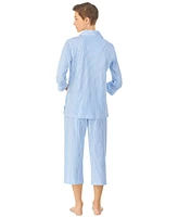 Lauren Ralph Womens 3/4 Sleeve Cotton Notch Collar Capri Pant Pajama Set