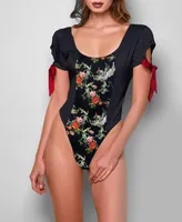 iCollection Women's Fiona 1 Piece Cap Sleeve Floral Satin Spandex Bodysuit - red