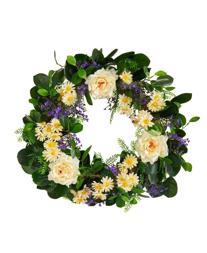 Mixed Rose and Daisy Artificial Wreath, 22"