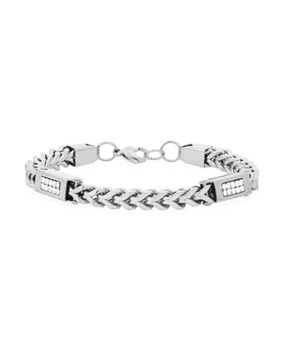 Steeltime Men's Stainless Steel Wheat Chain and Simulated Diamonds Link Bracelet - Silver
