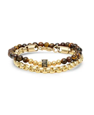 Steeltime Men's 2 Pieces 18k Gold Plated Stainless Steel Rounded Box Chain Bracelet and Tiger Eye Beaded Bracelet Set