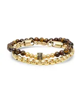 Steeltime Men's 2 Pieces 18k Gold Plated Stainless Steel Rounded Box Chain Bracelet and Tiger Eye Beaded Bracelet Set