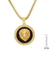 Steeltime Men's 18k Gold Plated Stainless Steel, Black Enamel and Simulated Diamonds Lion Head Round Pendant