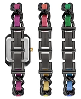 Steve Madden Women's Rainbow Polyurethane Leather Strap with Attached Black-Tone Chain Watch Set, 22X28mm