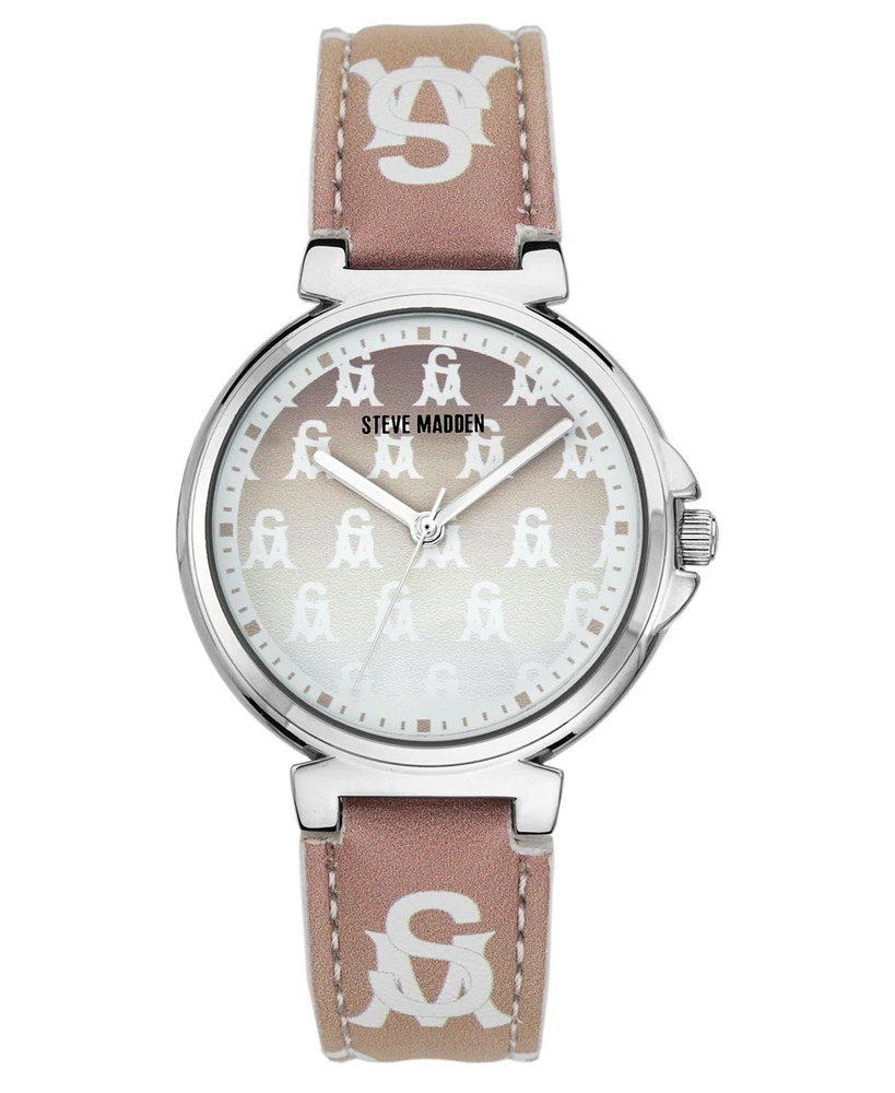 Steve Madden Women's Ombre Tan and White Polyurethane Leather Strap with Steve Madden Logo and Stitching Watch, 36mm