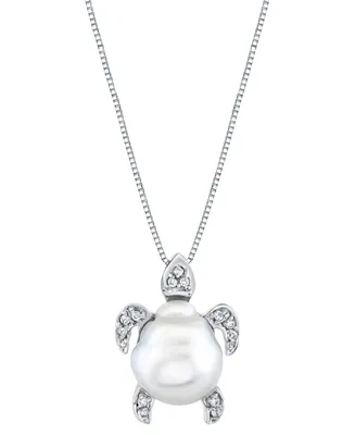 Cultured White South Sea Baroque Pearl (11mm) & Diamond (1/10 ct. t.w.) Turtle 18" Pendant Necklace in Sterling Silver
