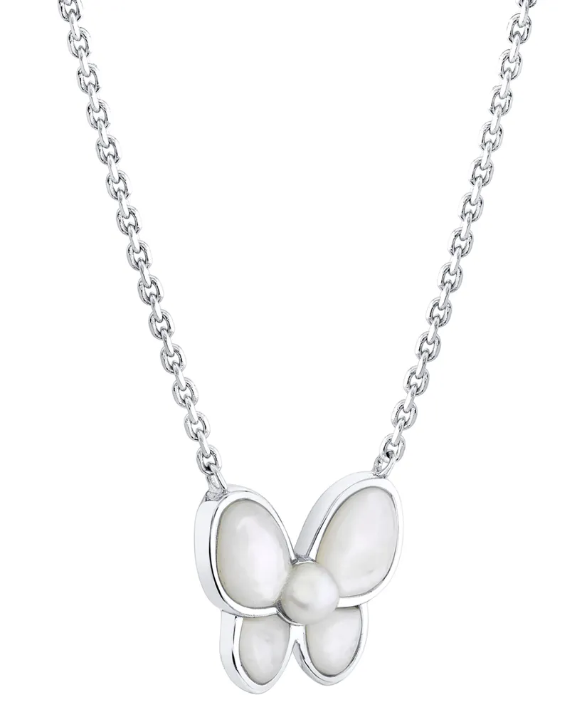 Cultured Freshwater Pearl (3-1/2 - 4mm ) & Mother of Pearl Butterfly Pendant Necklace, 16-1/2" + 1-3/4" extender