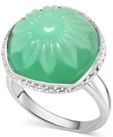 Dyed Green Jade Flower Cabochon Statement Ring in Sterling Silver