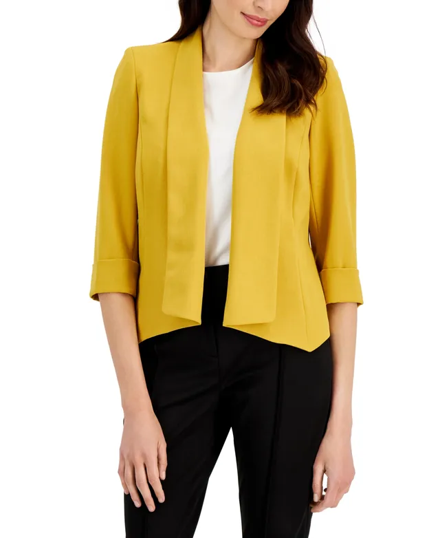 Kasper Petite Contrast Trim Open-Front 3/4-Sleeve Jacket