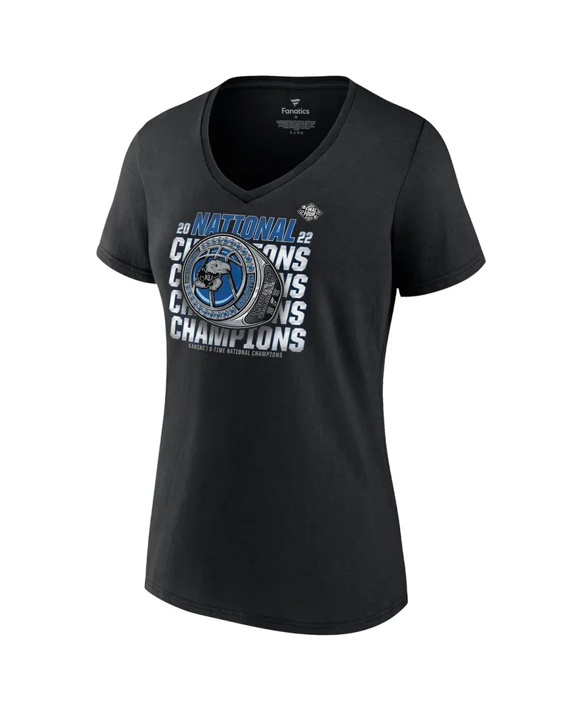 Women's Fanatics Black Kansas Jayhawks 2022 Ncaa Men's Basketball National Champions Half-Court Ring V-Neck T-shirt