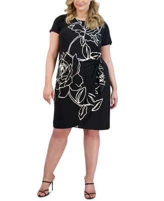 Robbie Bee Plus Size Floral-Print Faux-Wrap Dress