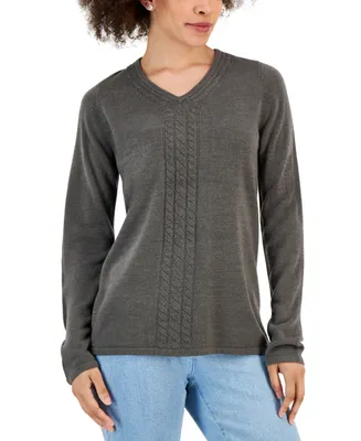 Karen Scott Women's V-Neck Front-Cable Sweater, Created for Macy's
