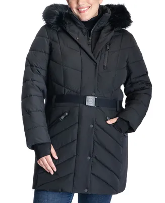 Michael Kors Women's Plus Belted Faux-Fur-Trim Hooded Puffer Coat