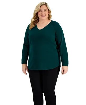 Karen Scott Plus Cotton V-Neck Curved-Hem Sweater, Created for Macy's