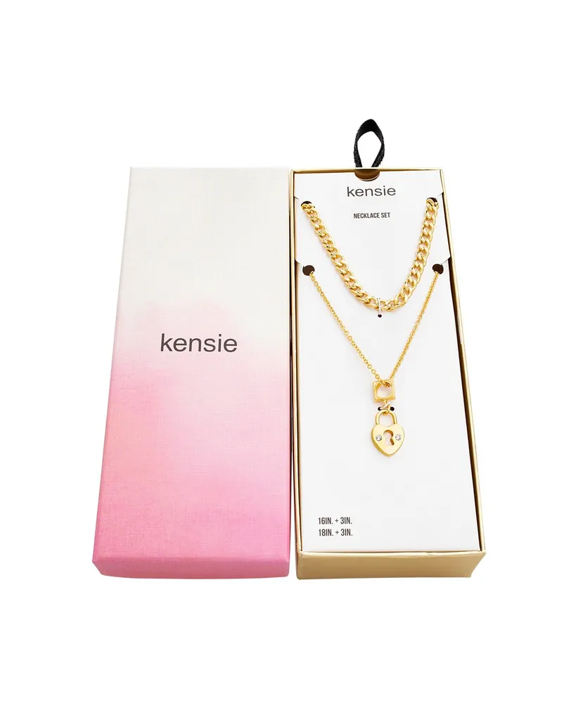 kensie Rhinestone Double Layered Heart Lock Necklace Set - Yellow Gold