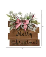 Holiday Merry Christmas Door Wall Hanger with Pine and Berries Stripped Bow Wall Art Decor, 20"