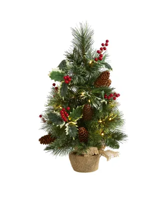 Mixed Pine Artificial Christmas Tree with Holly Berries, Pinecones Lights and Burlap Base, 18"