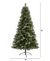 Snowed French Alps Mountain Pine Artificial Christmas Tree with Bendable Branches and Pinecones, 84"