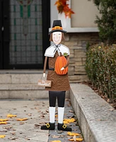 Glitzhome Metal Thanksgiving Pilgrim Boy Yard Stake, Standing Decor or Hanging Decor, 36"