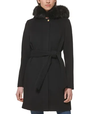 Cole Haan Women's Belted Faux-Fur-Trim Hooded Coat
