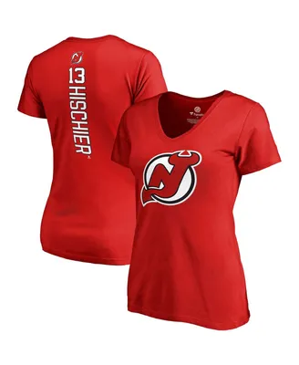 Women's Fanatics Nico Hischier Red New Jersey Devils Plus Size Backer Name and Number V-Neck T-shirt