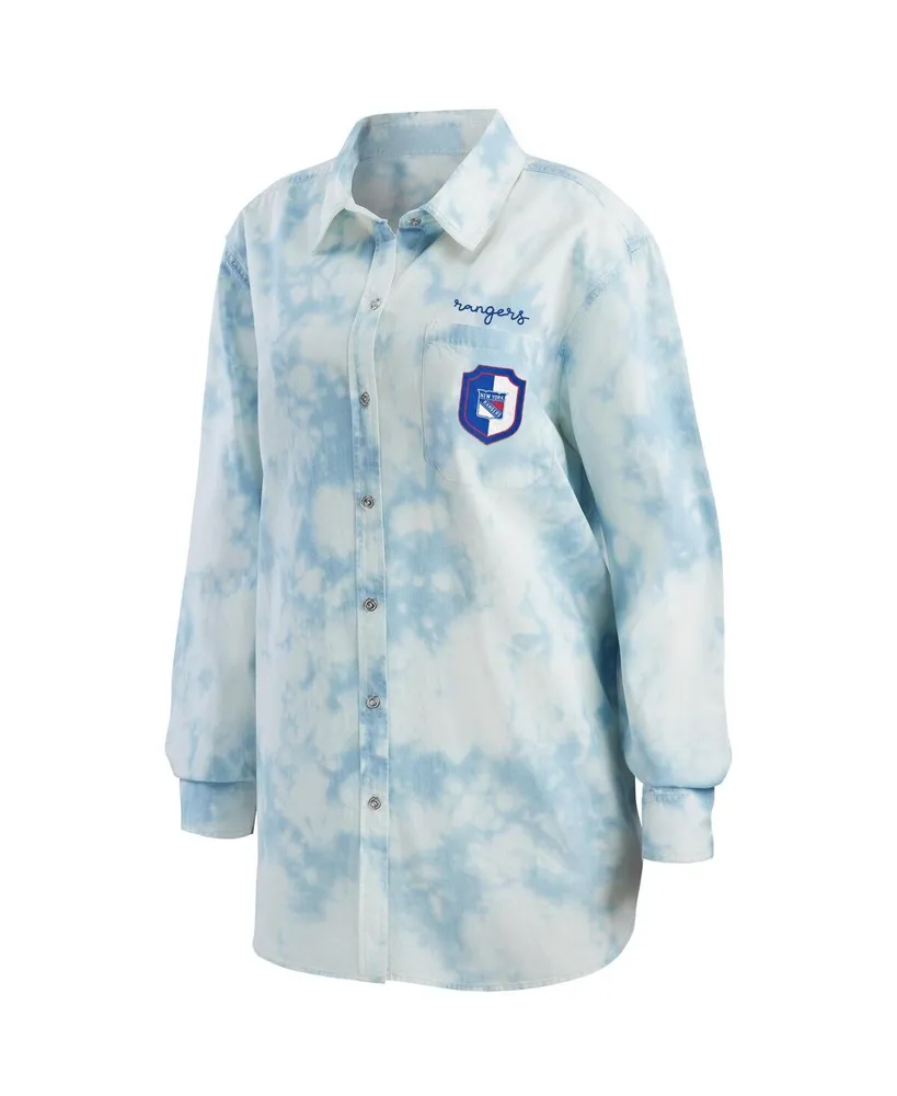 Women's Wear by Erin Andrews White New York Rangers Oversized Tie-Dye Button-Up Denim Shirt