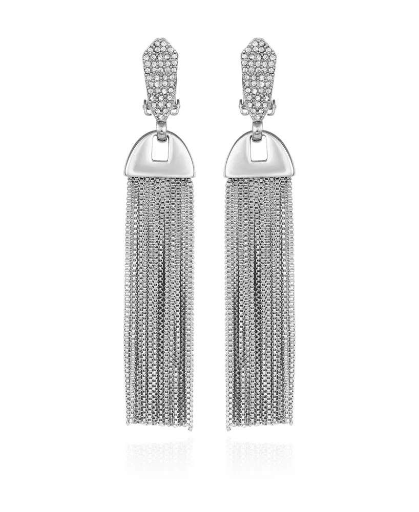 Vince Camuto Silver-Tone Pave Tassel Clip Drop Earrings - Silver