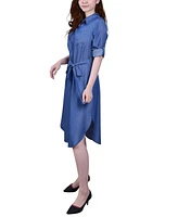 Petite 3/4 Roll Tab Sleeve Denim Dress