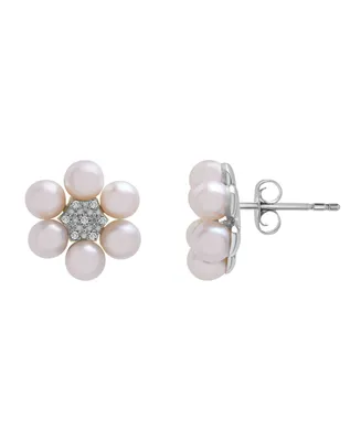 Cultured Freshwater Pearl (4mm) & Diamond (1/20ct. tw.) Flower Earrings in Sterling Silver