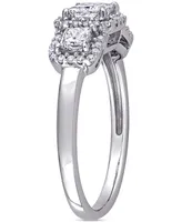 Diamond Princess Halo Three Stone Engagement Ring (1 ct. t.w.) 14k White Gold