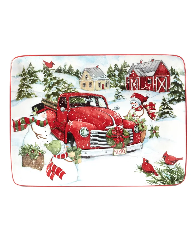 Certified International Red Truck Snowman Rectangular Platter