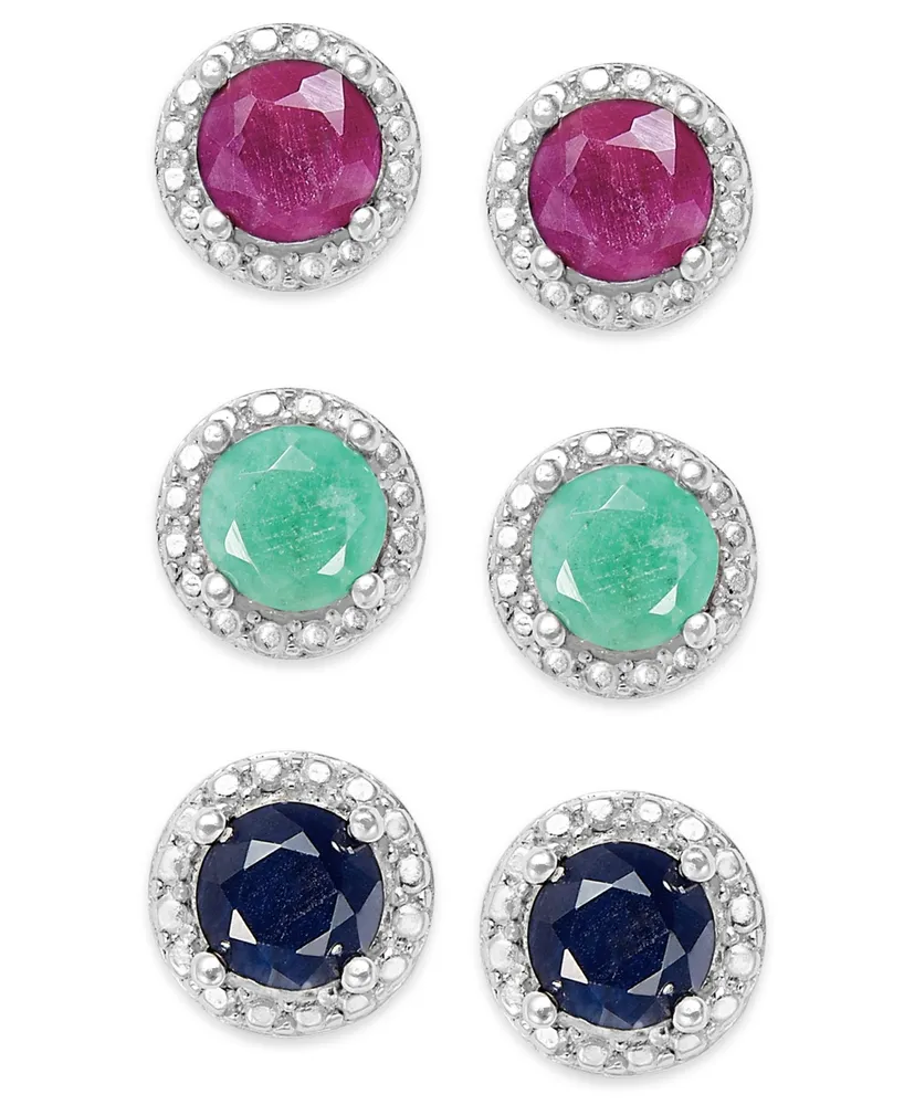 Emerald (1/2 ct. t.w.), Ruby (5/8 ct. t.w.) and Sapphire (5/8 ct. t.w.) Earring Set in Sterling Silver