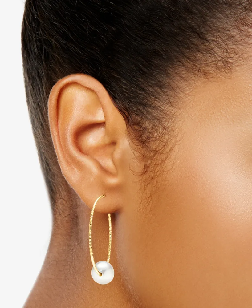 Cultured Freshwater Pearl (10mm) Textured Medium Hoop Earrings 14k Gold-Plated Sterling Silver, 1.5"