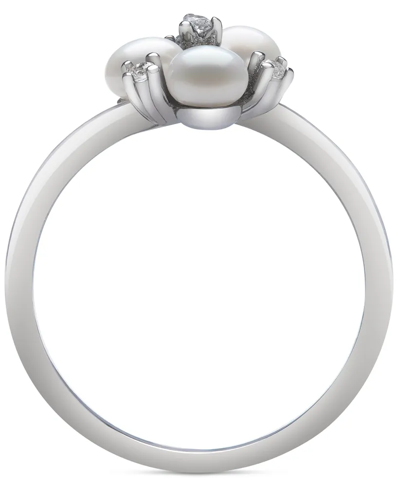 Belle de Mer Cultured Freshwater Button Pearl (4mm) & Lab-Created White Sapphire (1/10 ct. t.w.) Trillium Ring in Sterling Silver