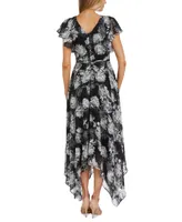 Nightway Women's Floral-Print Handkerchief-Hem Wrap Dress