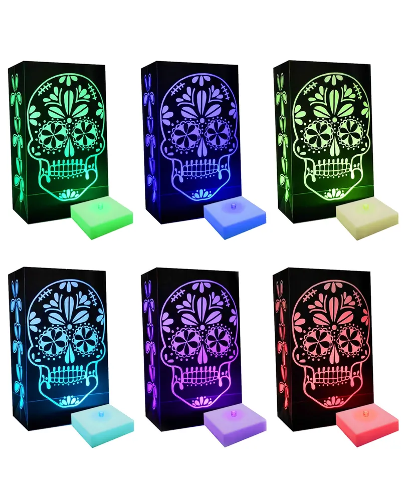 Battery Operated Led Color Changing Sugar Skull Luminaria Kit, 6 Pieces