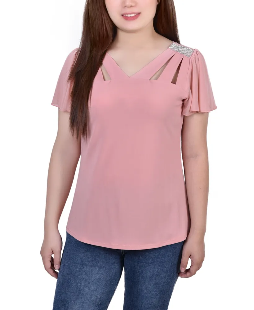 Women's Short Flutter Sleeve Top with Cutouts and Stones