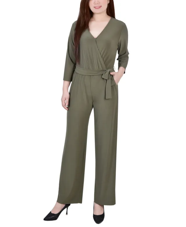 Petite 3/4 Sleeve Belted Wide Leg Jumpsuit