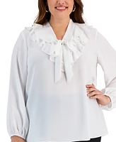 Kasper Plus Tie-Front Ruffle-Trim Blouse