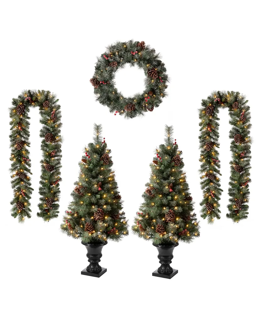 Glitzhome 4' Flocked Christmas Tree, Pre-Lit Glitter Wreath and Garland Set, 5 Piece