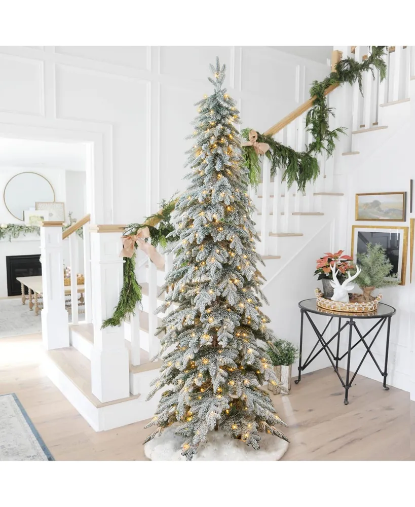 Glitzhome 9' Pre-Lit Flocked Pencil Spruce Artificial Christmas Tree with 470 Warm White Lights