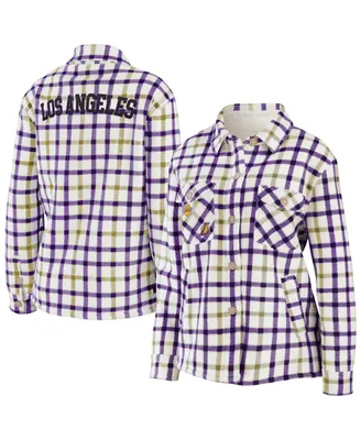 Women's Wear by Erin Andrews Oatmeal, Purple Los Angeles Lakers Plaid Button-Up Shirt Jacket