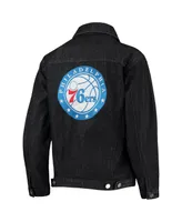 Women's The Wild Collective Black Philadelphia 76ers Patch Denim Button-Up Jacket
